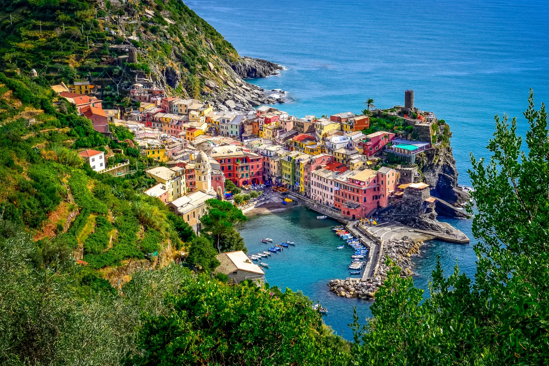 Udsigt over Vernazza med havn og farverige huse