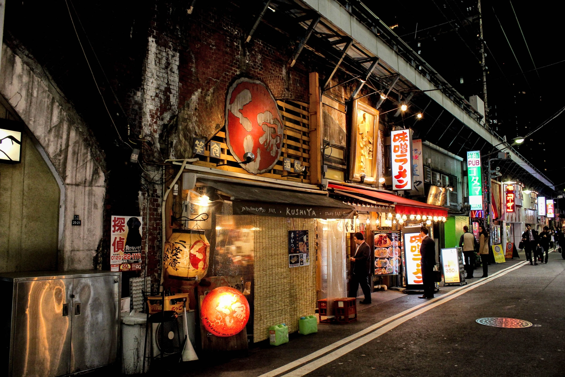 Stemningsfuld gade i Tokyo med autentiske, intime spisesteder under jernbanesporene