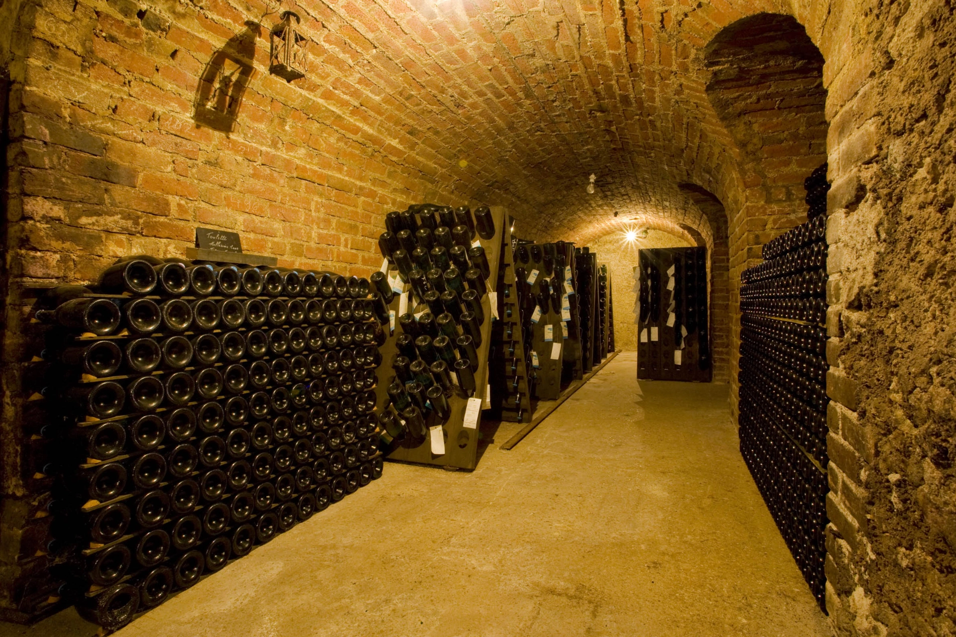 Flere champagneflasker under modning i Épernay