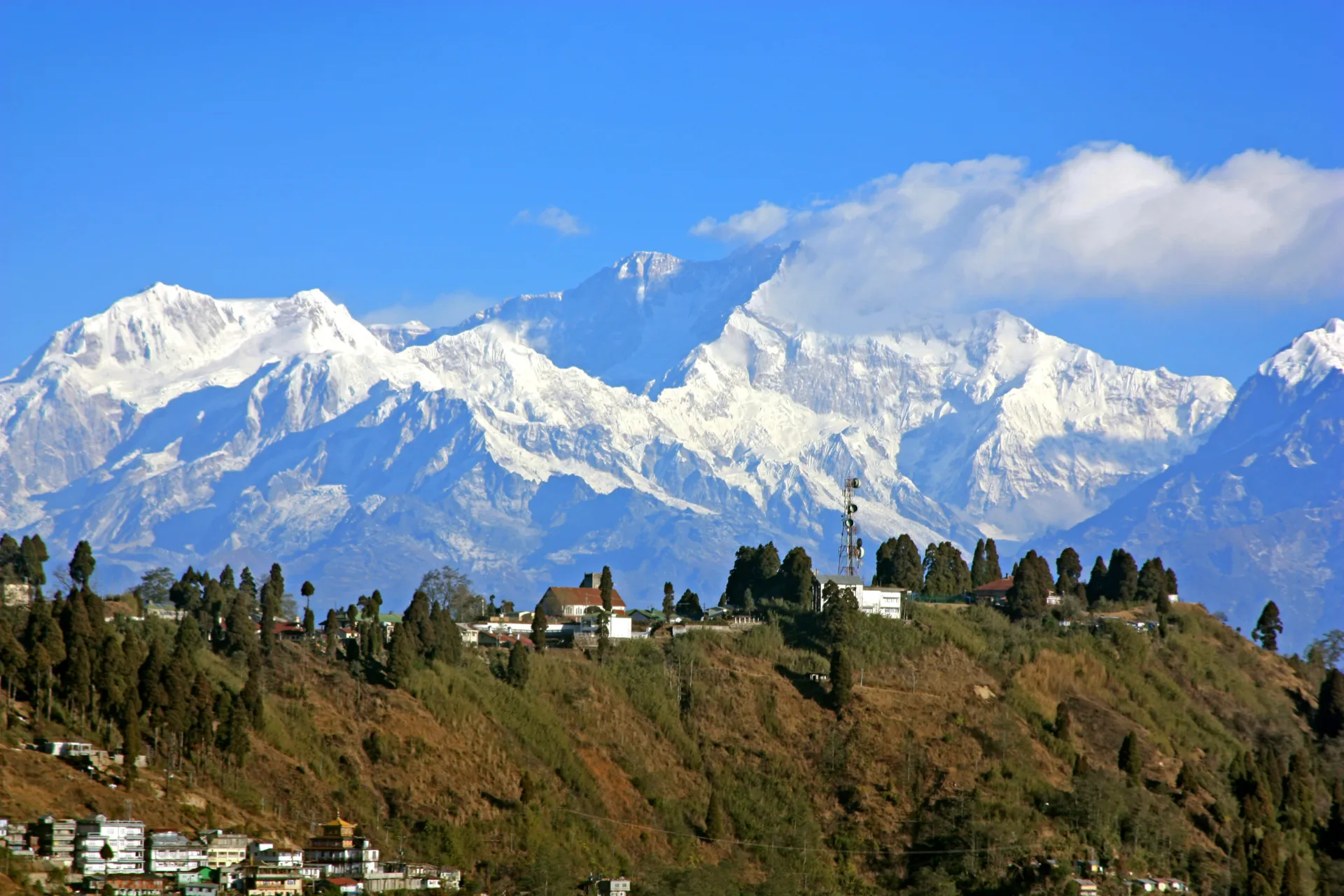 Darjeeling med de sneklædte ca 8.600 meter høje Kangchenjunga-bjerge i baggrunden