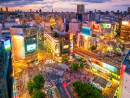 Shibuya-krydset i Tokyo er fyldt med neonlys og storskærme