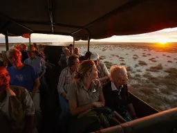 Solnedgangen over savannen nydes under et game drive i Etosha-området Solnedgangen over savannen nydes under et game drive i Etosha-området