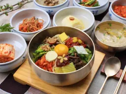 Bibimbap fra Jeonju – en af Koreas mest berømte retter, serveret med ris, grøntsager, kød og æg Bibimbap fra Jeonju – en af Koreas mest berømte retter, serveret med ris, grøntsager, kød og æg