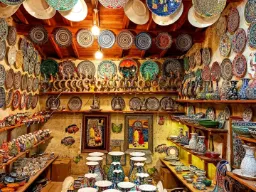 Butik med farverige, håndmalede keramikplader, skåle og vaser i en hyggelig, rustik atmosfære