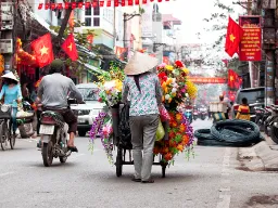 Blomstersælger på en travl gade i Hanoi Blomstersælger på en travl gade i Hanoi