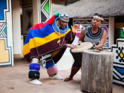 Ndebele-kvinder i farverige traditionelle klæder danser og spiller tromme i en historisk landsby ved Pretoria Ndebele-kvinder i farverige traditionelle klæder danser og spiller tromme i en historisk landsby ved Pretoria