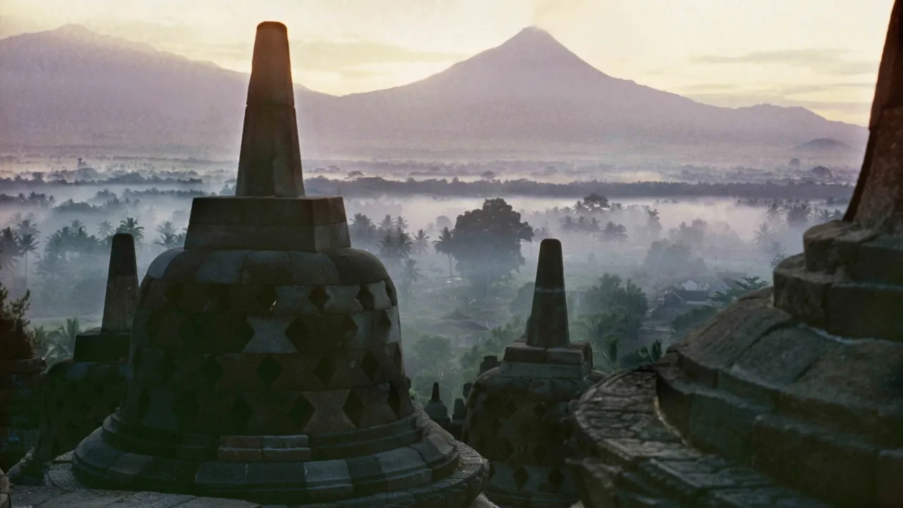 Solopgang ved Borobudur-templet på Java