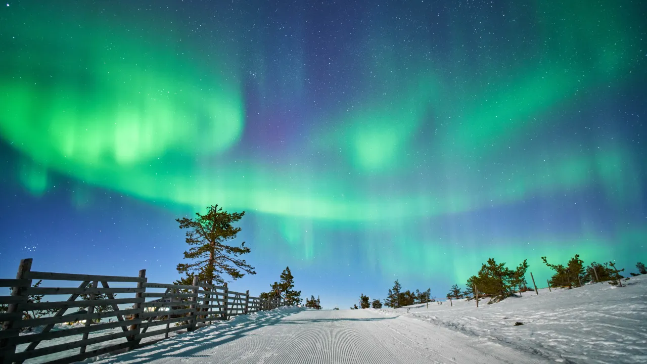 Nordlys danser på nattehimlen. Fænomenet opstår, når ladede partikler fra solen kolliderer med Jordens atmosfære