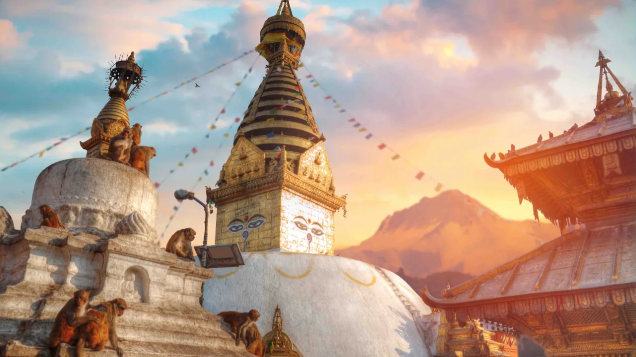 Swayambhunath-stupa, også kendt som "abetemplet", troner på en bakketop med vid udsigt over Kathmandu