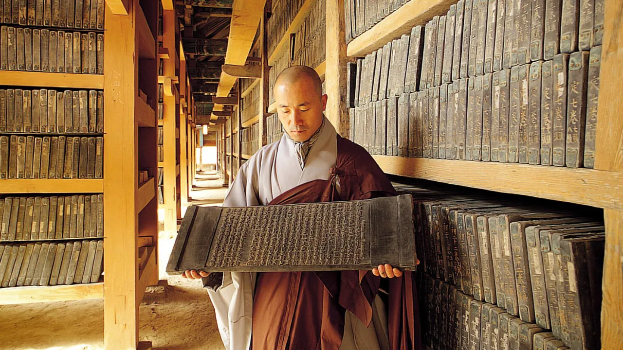 Buddhistisk munk studerer gamle træblokke med buddhistiske skrifter Buddhistisk munk studerer gamle træblokke med buddhistiske skrifter